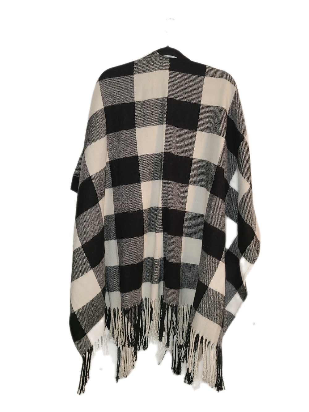 ANDRÉE BY UNIT Black and White Plaid Fringe Wrap/ Poncho - Picture 8 of 10